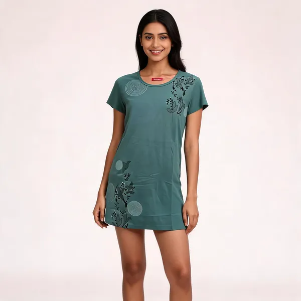 Sage_Green_Cotton_Blend_Printed_Round_Neck_T-Shirt_Dress_For_Women