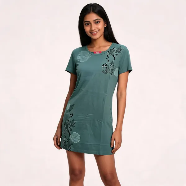 Sage_Green_Cotton_Blend_Printed_Round_Neck_T-Shirt_Dress_For_Women