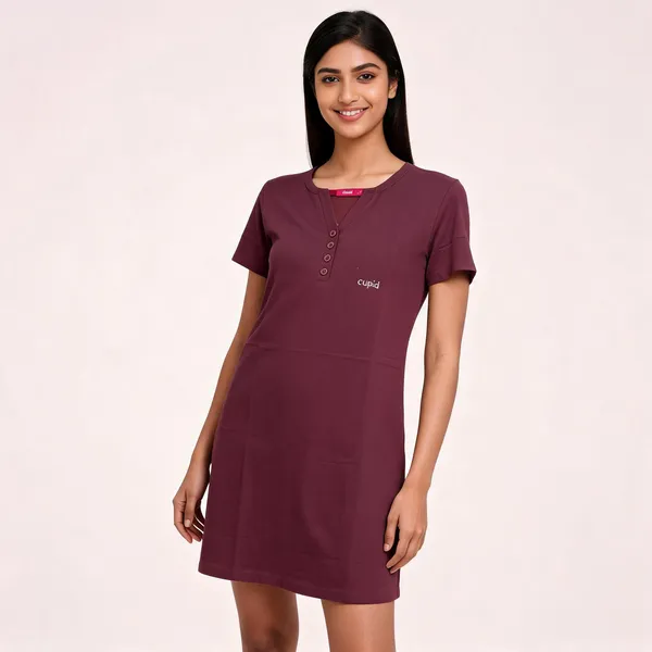 Maroon_Cotton_Blend_Half_Sleeve_Button_Placket_Night_Dress_For_Women