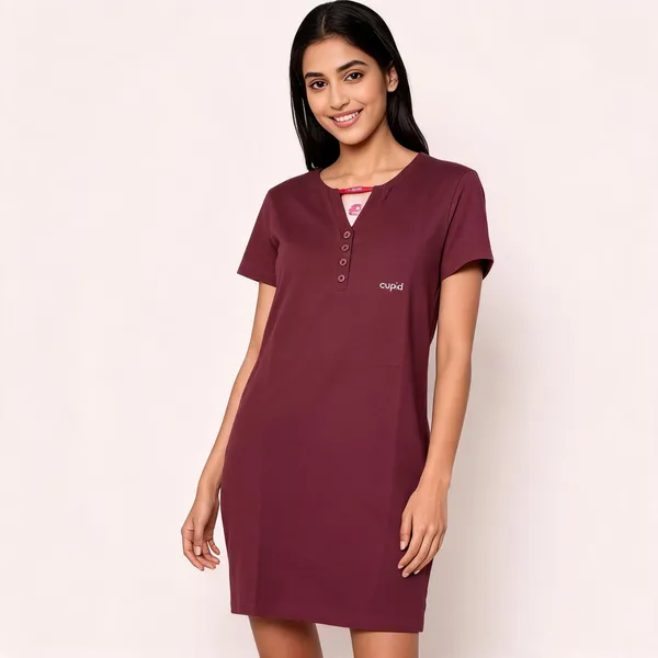 Maroon_Cotton_Blend_Half_Sleeve_Button_Placket_Night_Dress_For_Women
