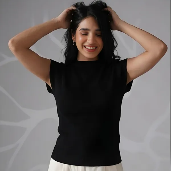 Black_Viscose_Knit_Mock_Neck_Cap_Sleeve_Knit_Top_For_Women