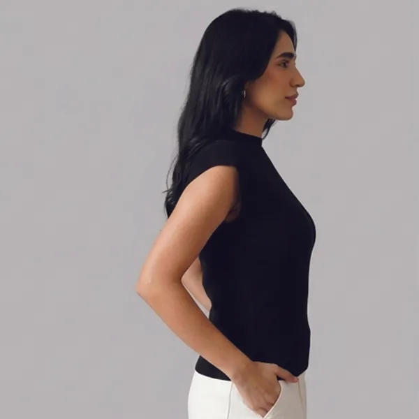 Black_Viscose_Knit_Mock_Neck_Cap_Sleeve_Knit_Top_For_Women
