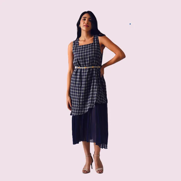 Navy_Blue_Polyester_Checkered_Layered_Dress_For_Women