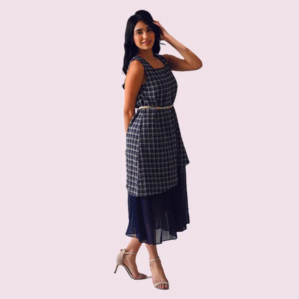 Navy_Blue_Polyester_Checkered_Layered_Dress_For_Women