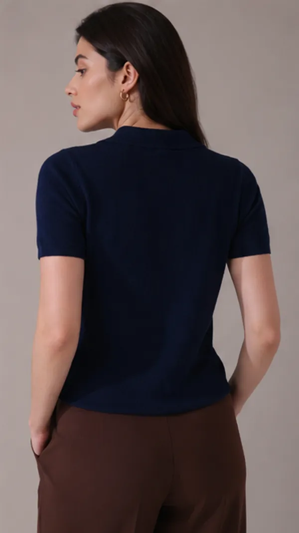 Blue_Knit_Collared_Polo_Top_For_Women