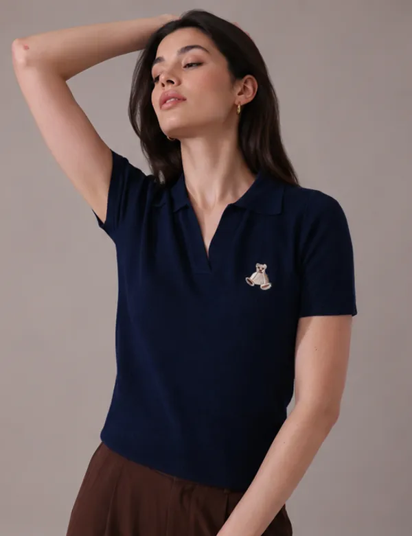 Blue_Knit_Collared_Polo_Top_For_Women