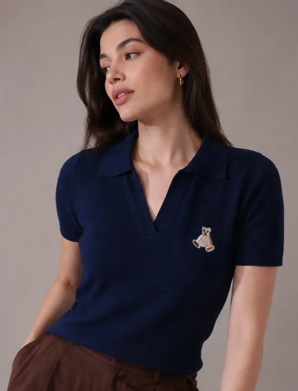 Blue_Knit_Collared_Polo_Top_For_Women