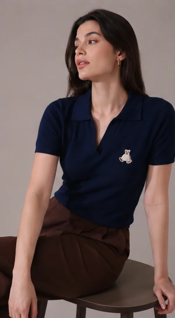 Blue_Knit_Collared_Polo_Top_For_Women