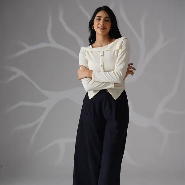 White_Viscose_Knit_Asymmetric_Fold_Over_Neck_Top_For_Women