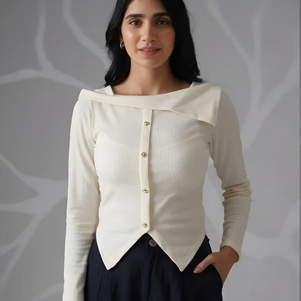 White_Viscose_Knit_Asymmetric_Fold_Over_Neck_Top_For_Women