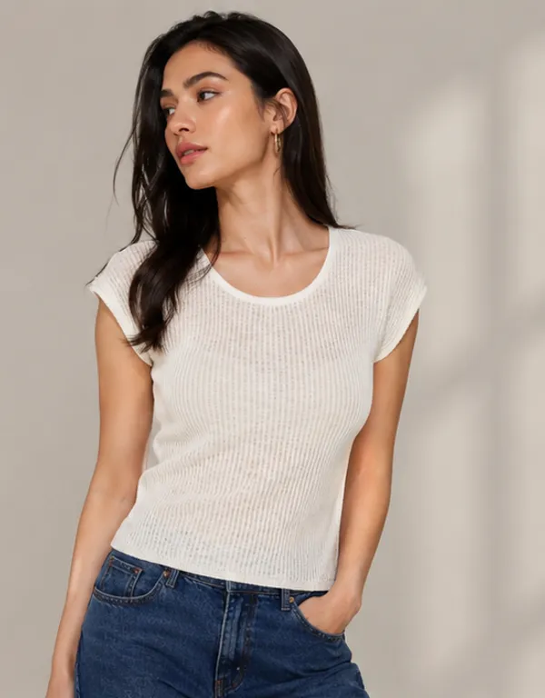 White_Ribbed_Knit_Round_Neck_Cap_Sleeve_Top_For_Women