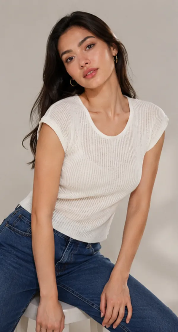 White_Ribbed_Knit_Round_Neck_Cap_Sleeve_Top_For_Women