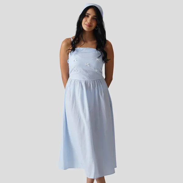 Blue_Polyester_A-Line_Bow_Midi_Dress_For_Women