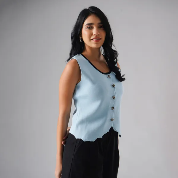 Blue_Cotton_Rib_Knit_Sleeveless_Button-Up_Tank_Top_For_Women