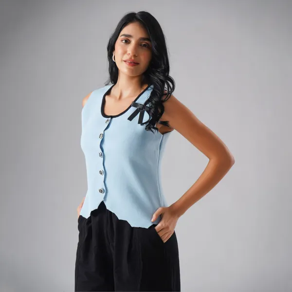 Blue_Cotton_Rib_Knit_Sleeveless_Button-Up_Tank_Top_For_Women
