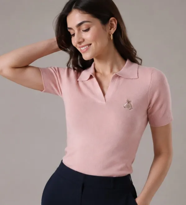 Pink_Knit_Collared_Polo_Top_For_Women