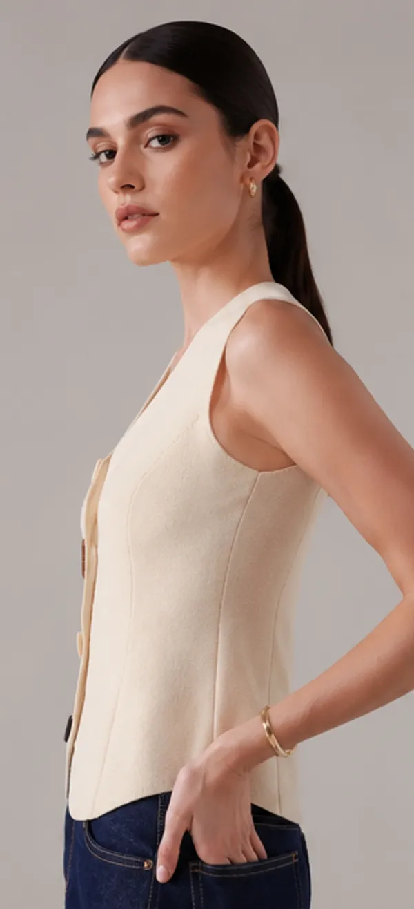 Beige_Knit_V-Neck_Sleeveless_Vest_Top_For_Women