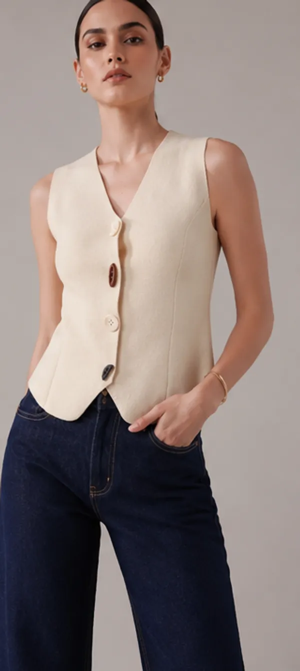 Beige_Knit_V-Neck_Sleeveless_Vest_Top_For_Women