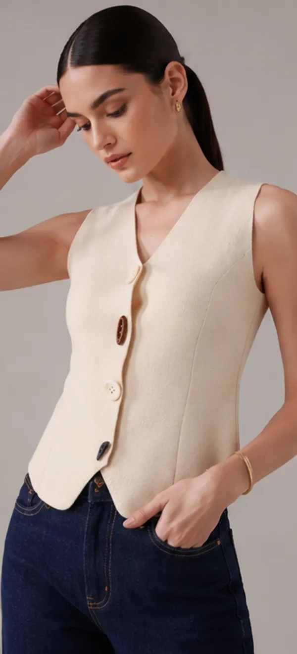 Beige_Knit_V-Neck_Sleeveless_Vest_Top_For_Women