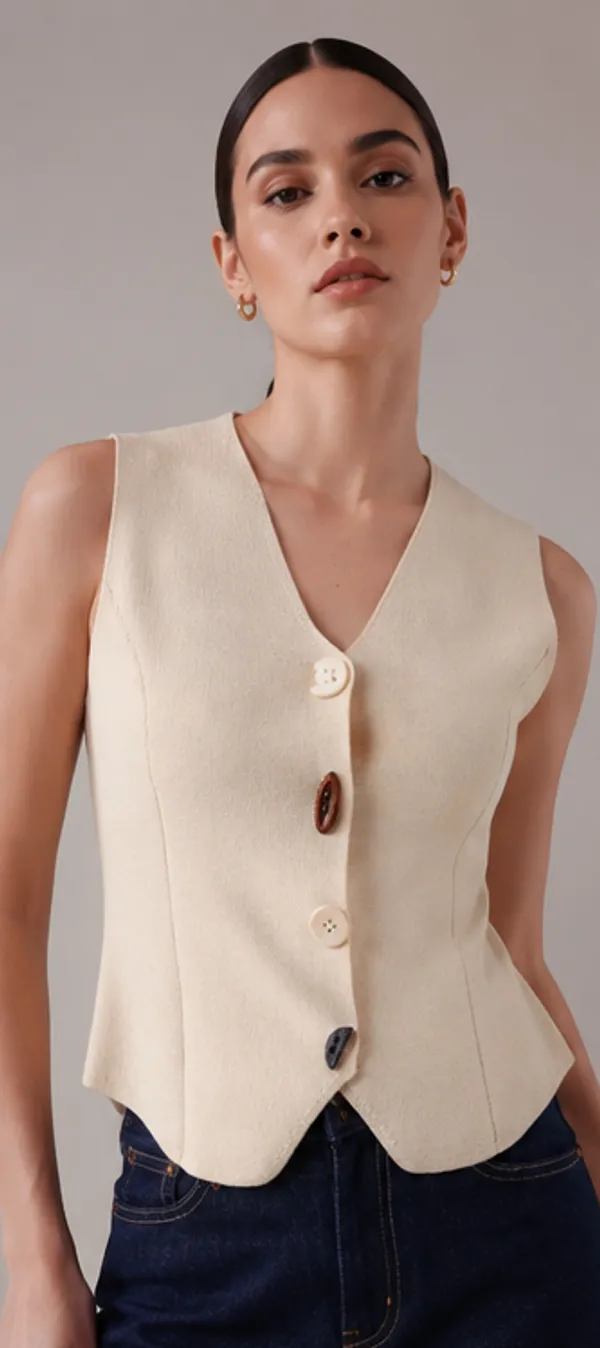 Beige_Knit_V-Neck_Sleeveless_Vest_Top_For_Women