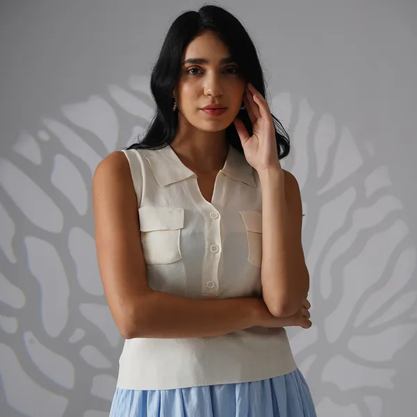 White_Viscose_Knit_Relaxed_Sleeveless_Polo_Knit_Top_For_Women