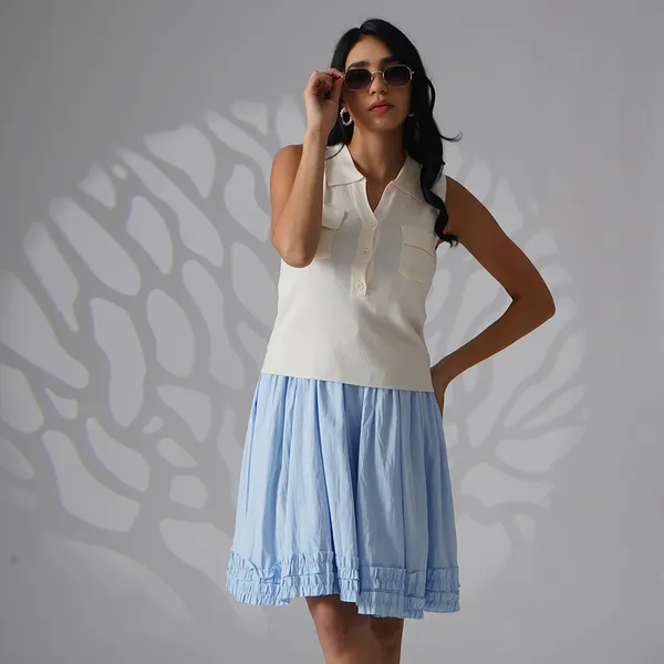 White_Viscose_Knit_Relaxed_Sleeveless_Polo_Knit_Top_For_Women
