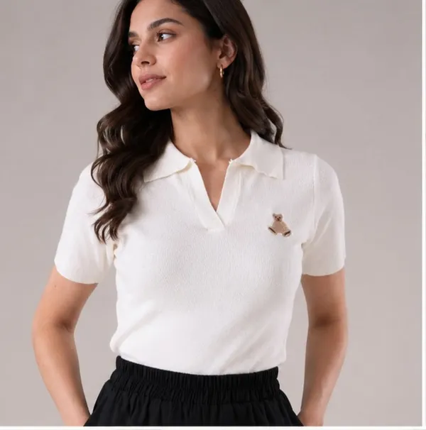 White_Knit_Collared_Polo_Top_For_Women