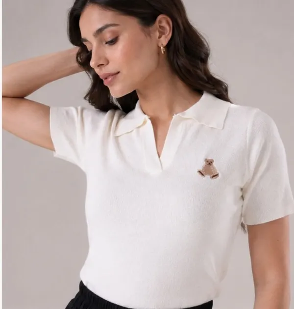 White_Knit_Collared_Polo_Top_For_Women