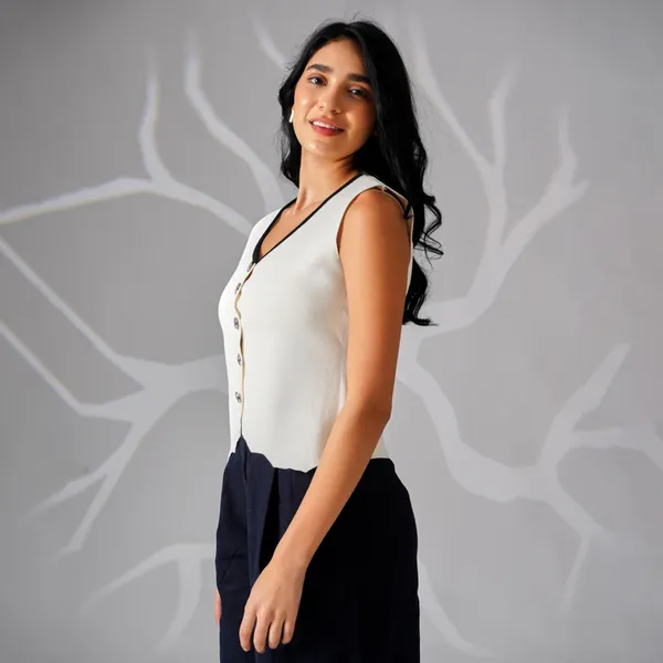 White_Cotton_Rib_Knit_Sleeveless_Button-Up_Tank_Top_For_Women