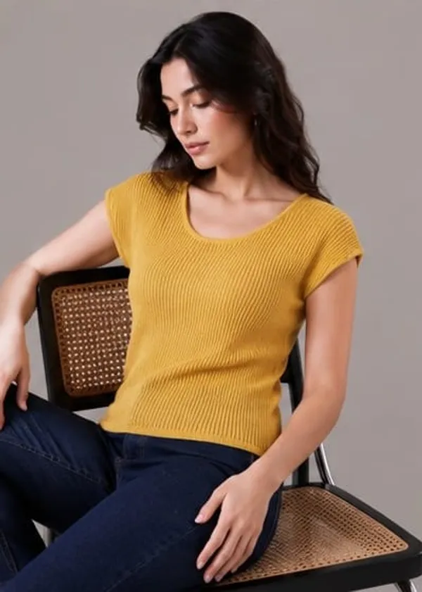 Yellow_Ribbed_Knit_Round_Neck_Cap_Sleeve_Top_For_Women