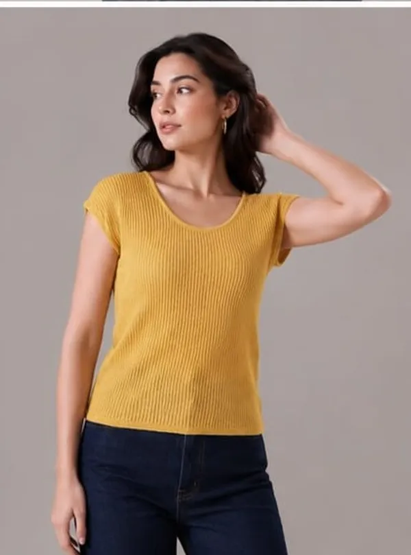 Yellow_Ribbed_Knit_Round_Neck_Cap_Sleeve_Top_For_Women