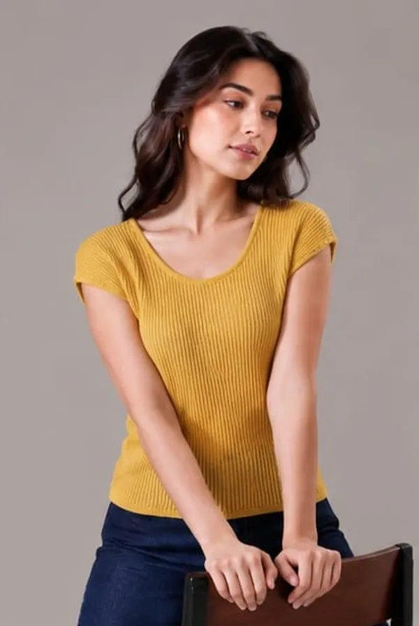 Yellow_Ribbed_Knit_Round_Neck_Cap_Sleeve_Top_For_Women