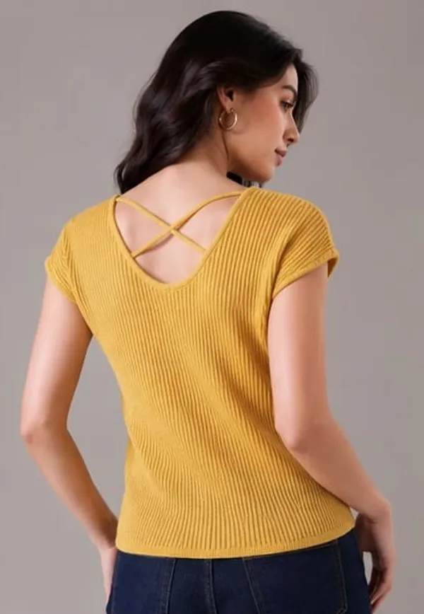 Yellow_Ribbed_Knit_Round_Neck_Cap_Sleeve_Top_For_Women
