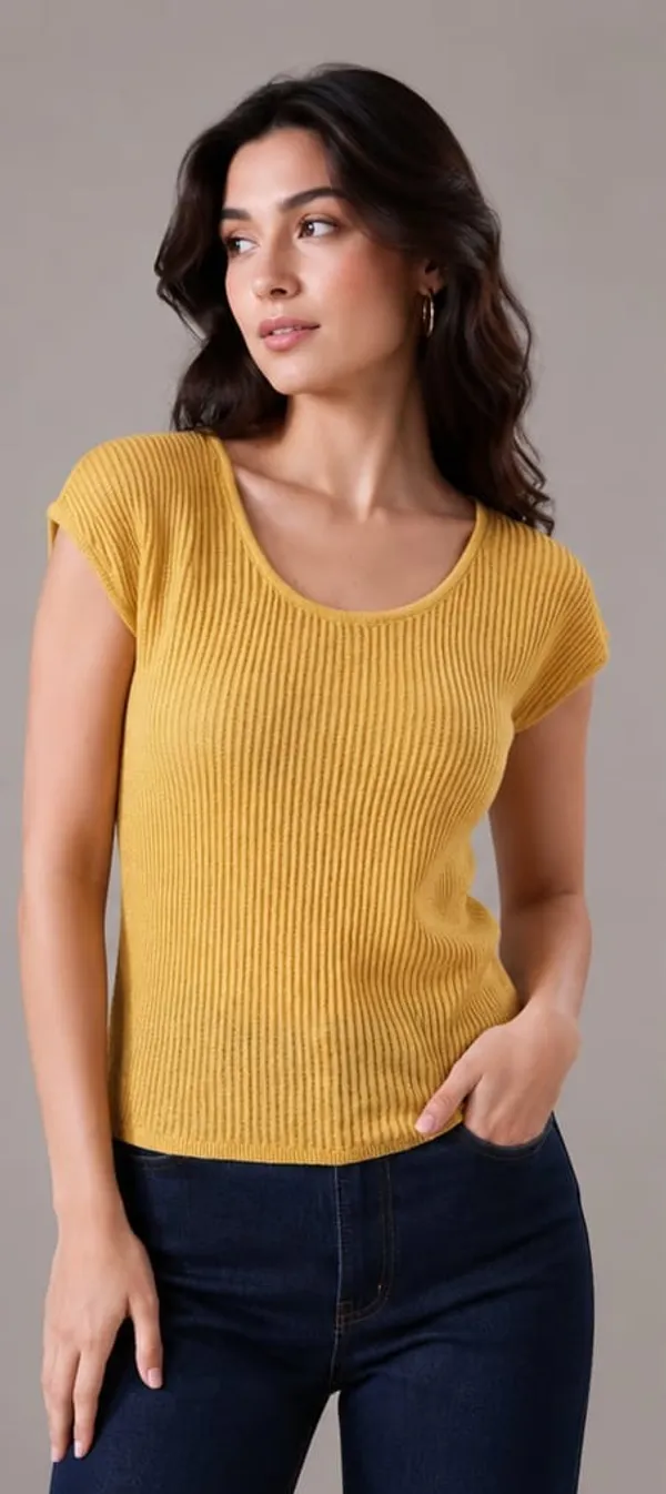Yellow_Ribbed_Knit_Round_Neck_Cap_Sleeve_Top_For_Women