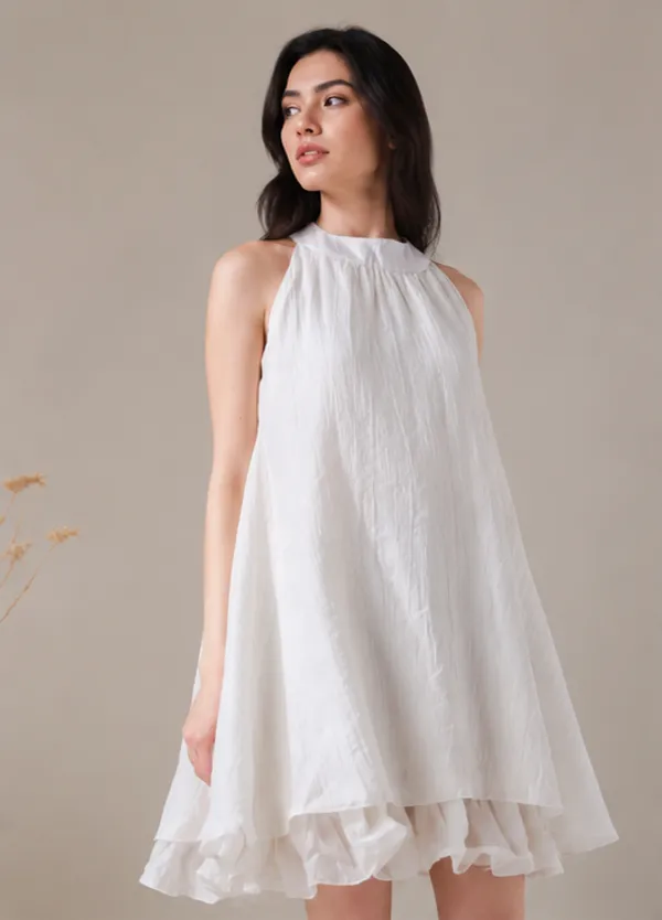 White_Cotton_Halter_Neck_Trapeze_Mini_Dress_For_Women