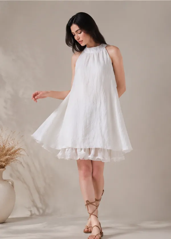 White_Cotton_Halter_Neck_Trapeze_Mini_Dress_For_Women