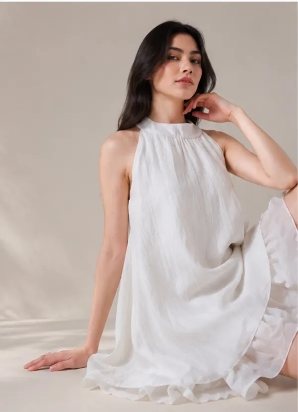 White_Cotton_Halter_Neck_Trapeze_Mini_Dress_For_Women