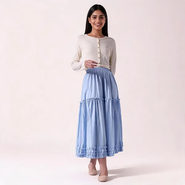 Blue_Cotton_Tiered_Flared_Midi_Skirt_For_Women