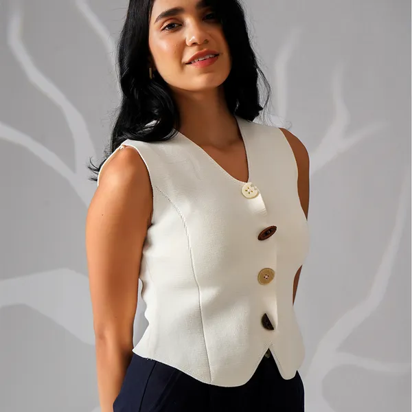 White_Cotton_Rib_Knit_Sleeveless_Structured_Vest_Top_For_Women