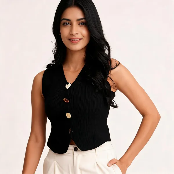Black_Cotton_Rib_Knit_Sleeveless_Structured_Vest_Top_For_Women