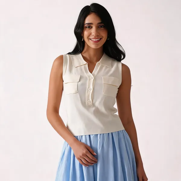 White_Viscose_Knit_Relaxed_Sleeveless_Polo_Knit_Top_For_Women