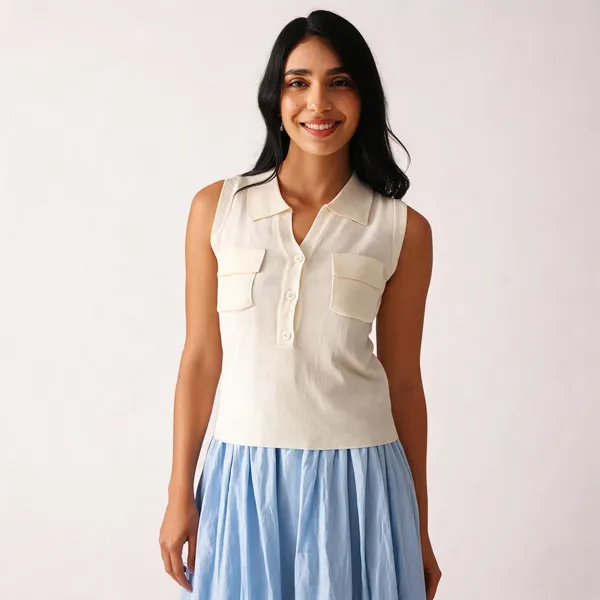 White_Viscose_Knit_Relaxed_Sleeveless_Polo_Knit_Top_For_Women