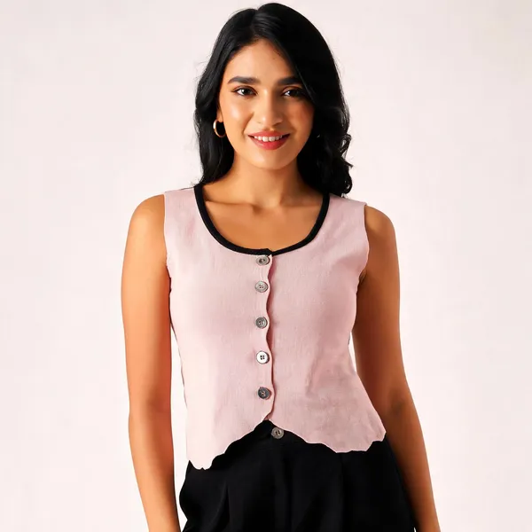 Pink_Cotton_Rib_Knit_Sleeveless_Button-Up_Tank_Top_For_Women