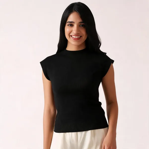 Black_Viscose_Knit_Mock_Neck_Cap_Sleeve_Knit_Top_For_Women