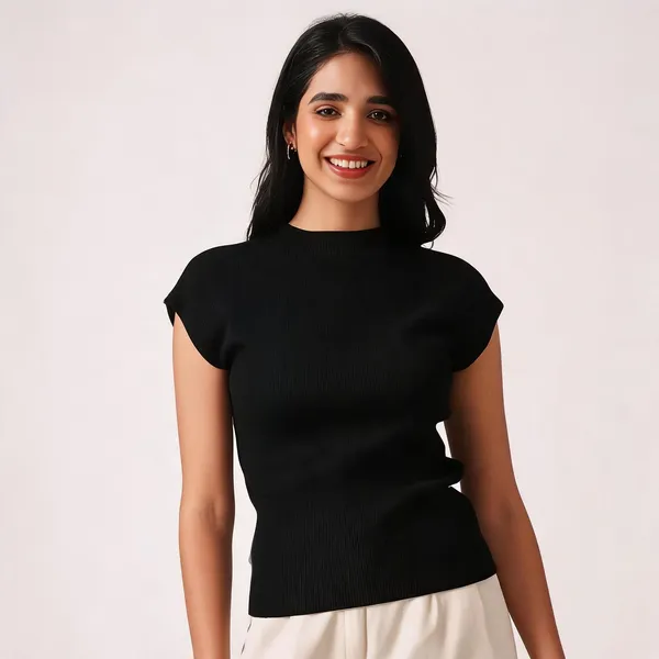 Black_Viscose_Knit_Mock_Neck_Cap_Sleeve_Knit_Top_For_Women