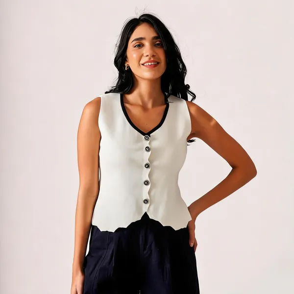 White_Cotton_Rib_Knit_Sleeveless_Button-Up_Tank_Top_For_Women