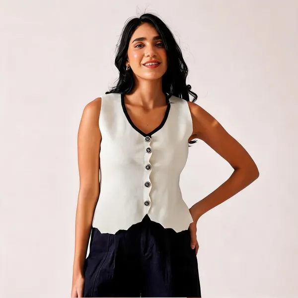 White_Cotton_Rib_Knit_Sleeveless_Button-Up_Tank_Top_For_Women