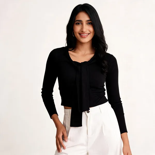 Black_Viscose_Knit_Tie_Neck_Cropped_Top_For_Women