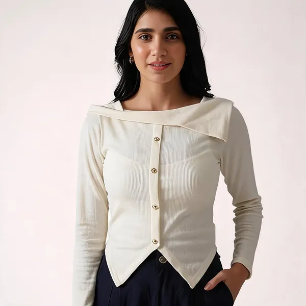 White_Viscose_Knit_Asymmetric_Fold_Over_Neck_Top_For_Women