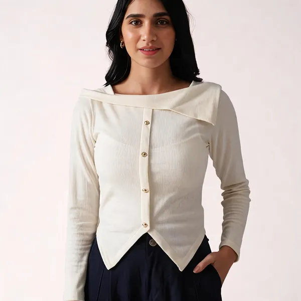 White_Viscose_Knit_Asymmetric_Fold_Over_Neck_Top_For_Women